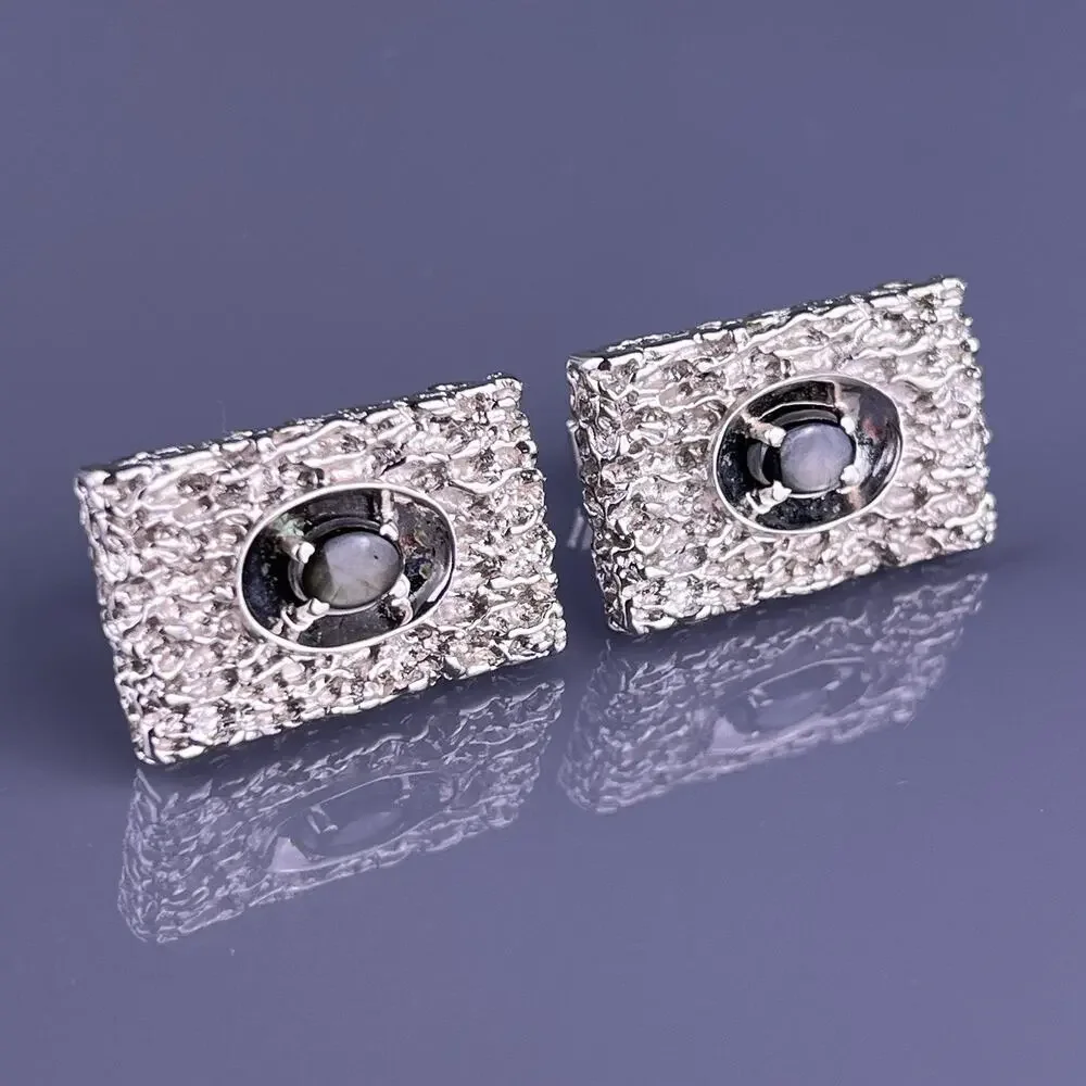 Modernist Black Star Sapphire Cufflinks White Gold Plated Textured Vintage